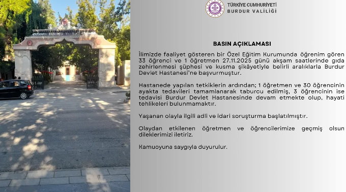 Burdur’da özel bir eğitim kurumunda gıda zehirlenmesi olayına Burdur Valiliğinden açıklama
